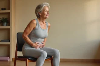 Femme de 55 ans faisant des exercices abdominaux doux assis sur une chaise en bois dans un salon cosy