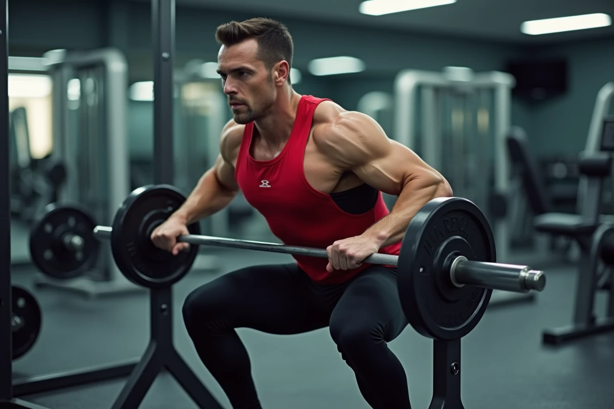Homme musclé utilisant la machine hack squat pour le développement des quadriceps
