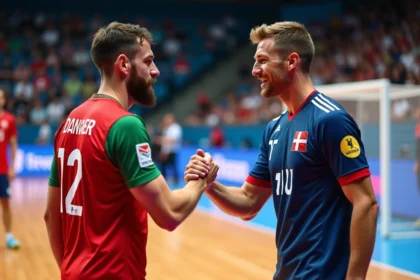 Deux handballeurs échangent une poignée de main sportive