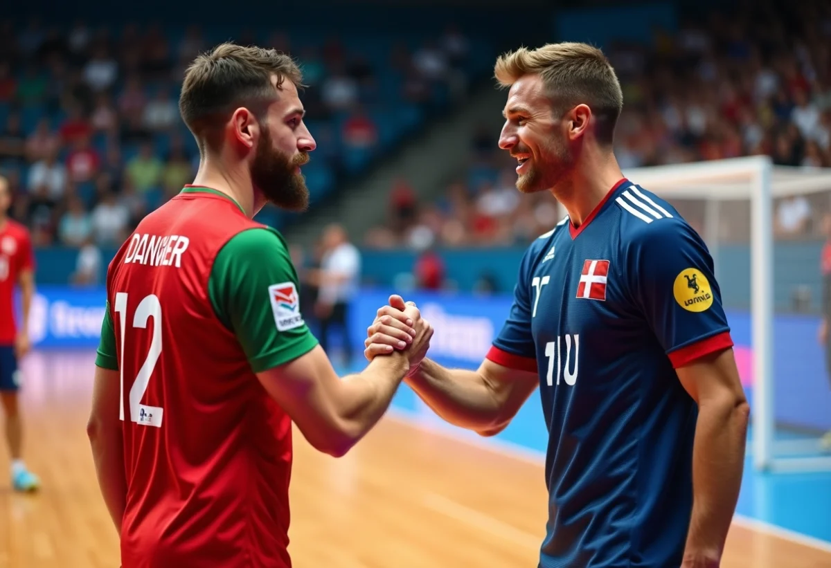 Deux handballeurs échangent une poignée de main sportive