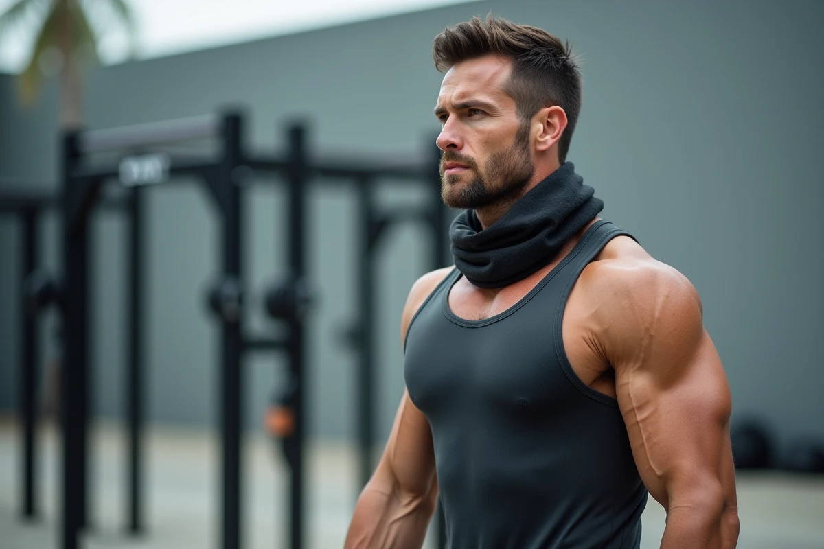 Homme musclé réalisant un exercice avec harnais pour renforcer les muscles du cou en extérieur