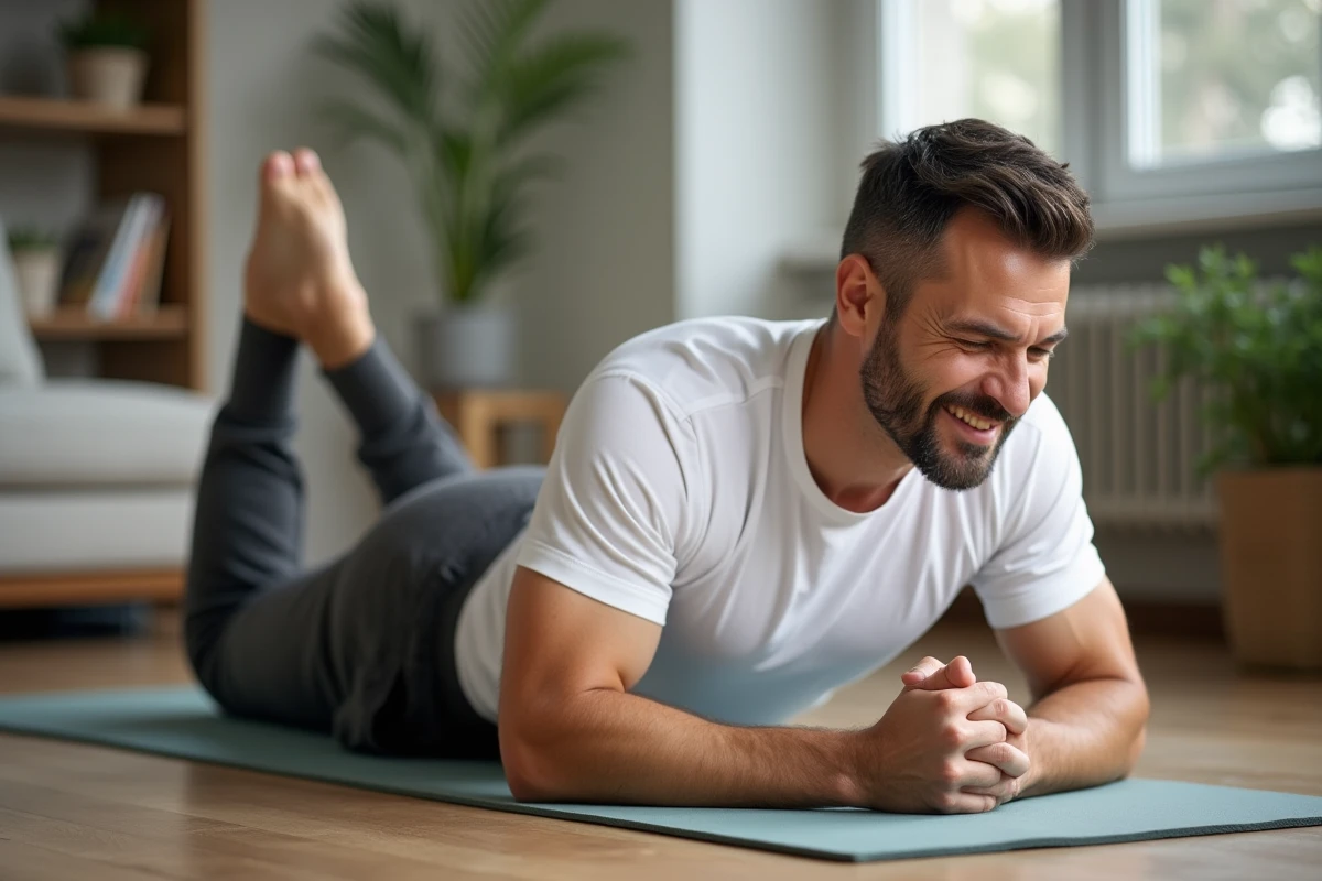 Homme faisant des abdominaux sur tapis de yoga chez lui pour éliminer la graisse abdominale