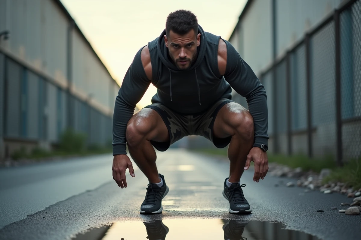 Homme musclé effectuant un burpee explosif sur un trottoir mouillé au lever du jour en milieu urbain industriel
