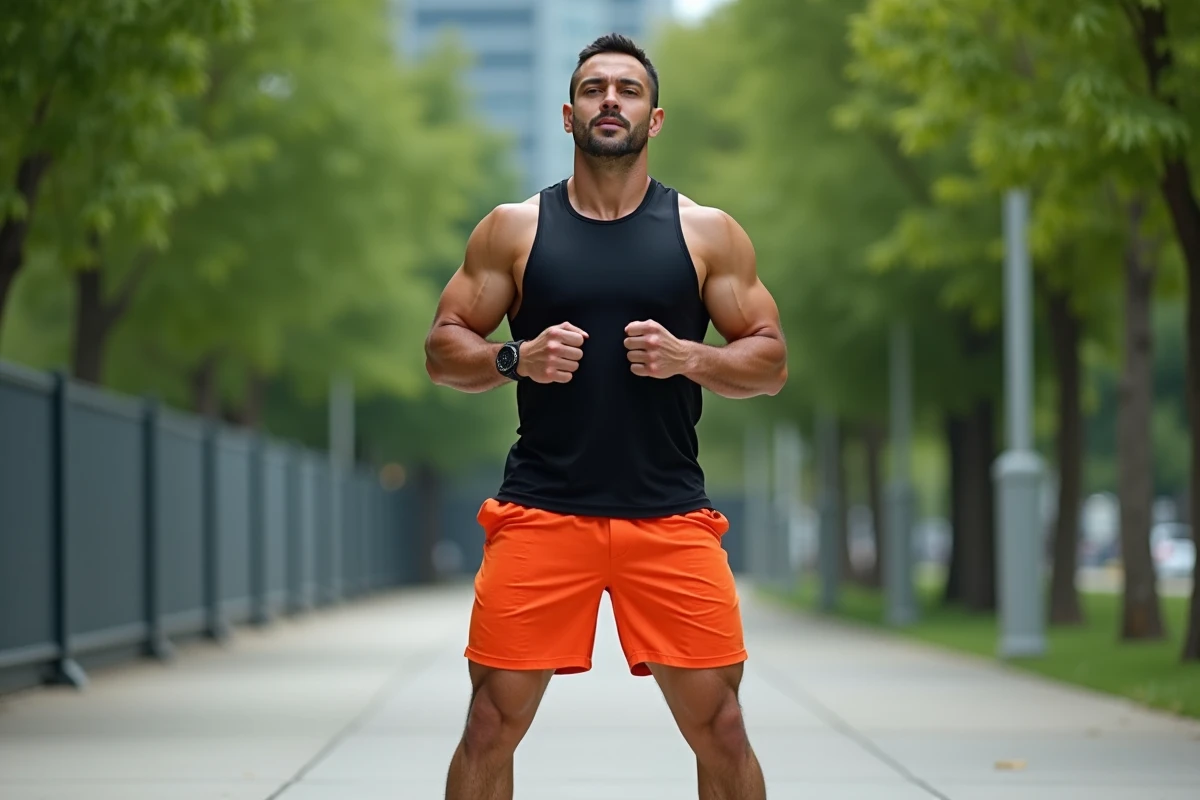 Homme athlétique reprenant son souffle après un burpee dans un parc urbain
