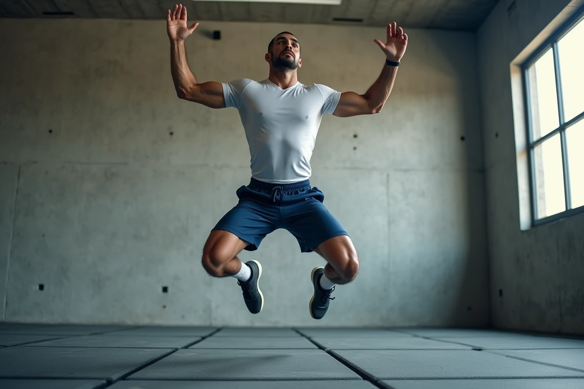 Homme athlétique au sommet du saut lors d'un burpee en salle de gym