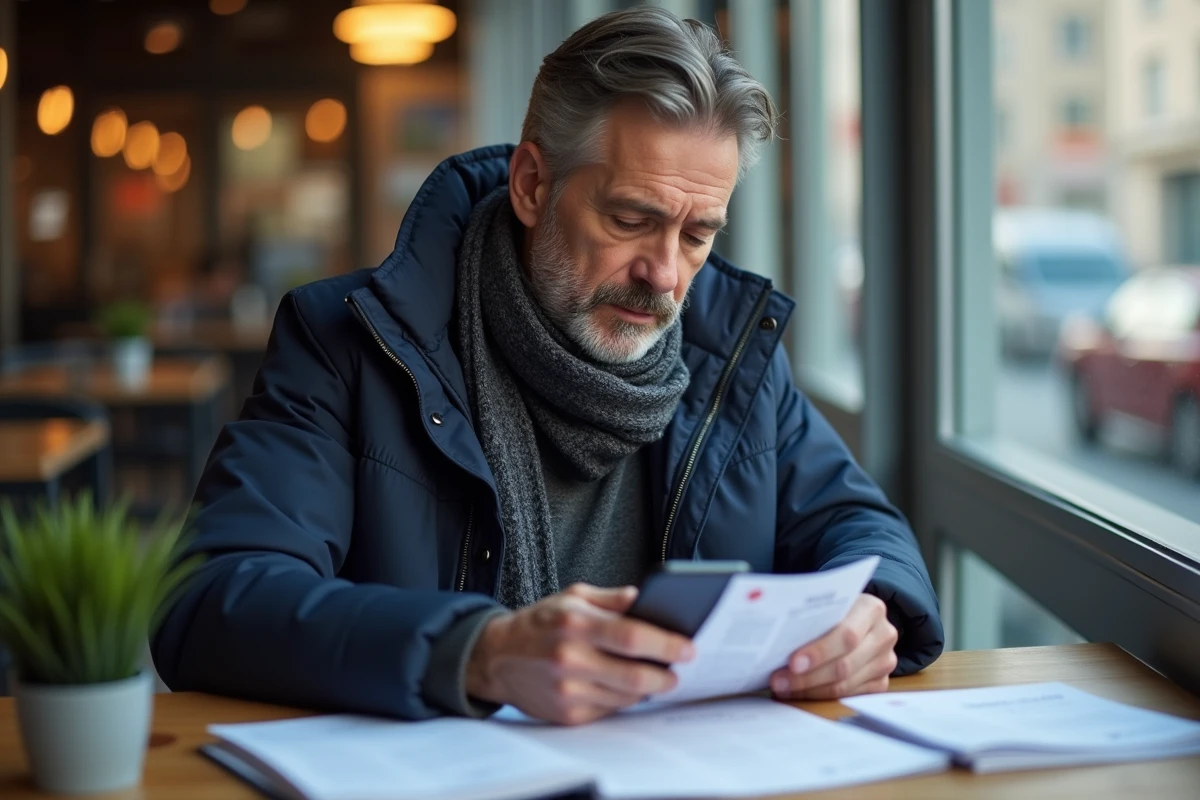 Homme d'âge moyen examinant tickets et smartphone au café