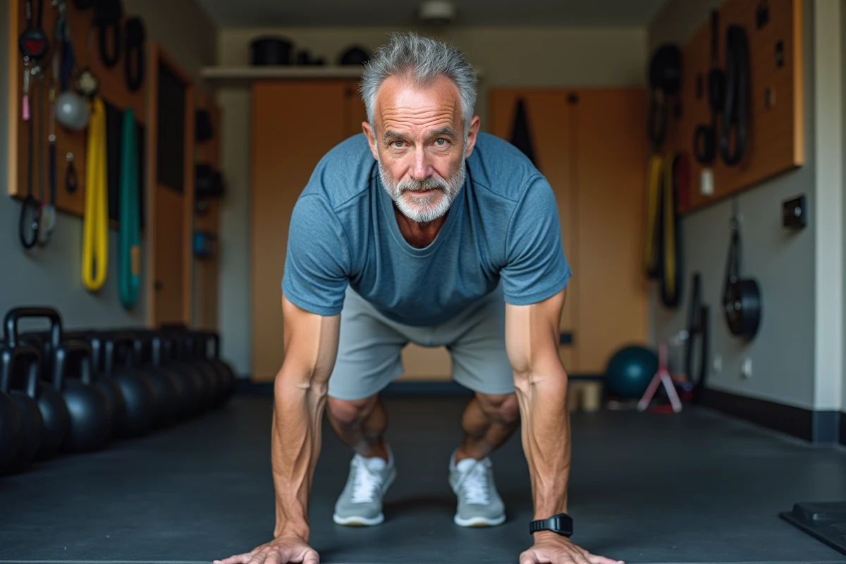 Homme de 50 ans amorçant la descente d'un burpee dans un garage aménagé en salle de sport