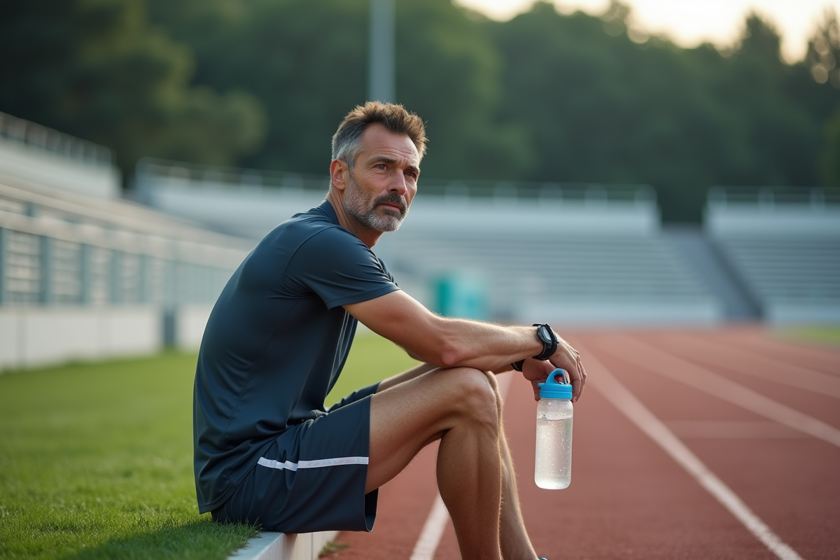 Homme en repos sur la piste de course après l