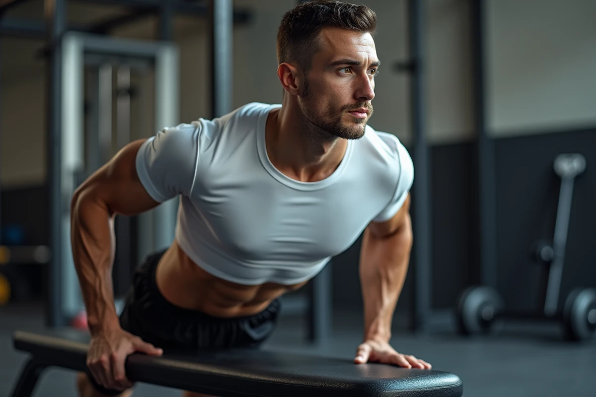 Homme réalisant un crunch inversé pour renforcer les abdominaux inférieurs en salle de sport