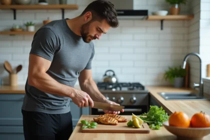 Homme préparant un repas sain en cuisine pour perdre du ventre avec une alimentation équilibrée