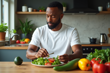 Homme afro-américain prépare une salade fraîche dans la cuisine
