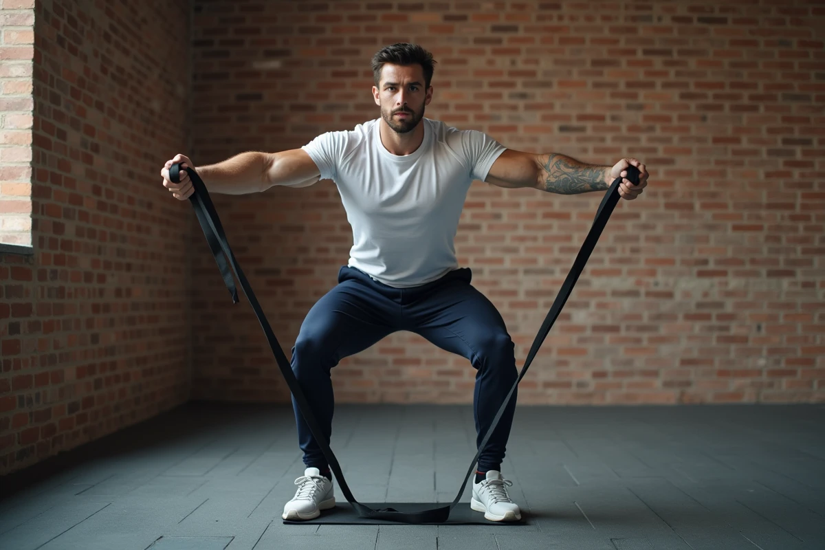 Homme faisant des curls biceps avec un élastique de musculation chez lui