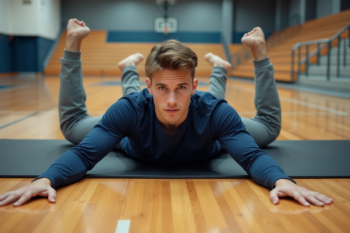 Jeune homme pratiquant l'exercice dead bug pour cibler le bas du ventre dans un gymnase universitaire