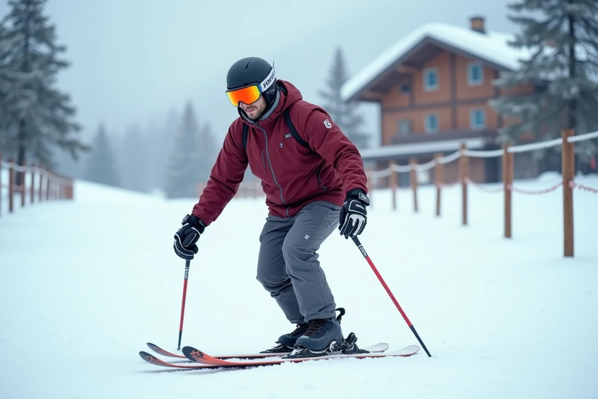 Homme adulte débutant en équilibre sur une patinette ski près d'un chalet de station de montagne enneigée