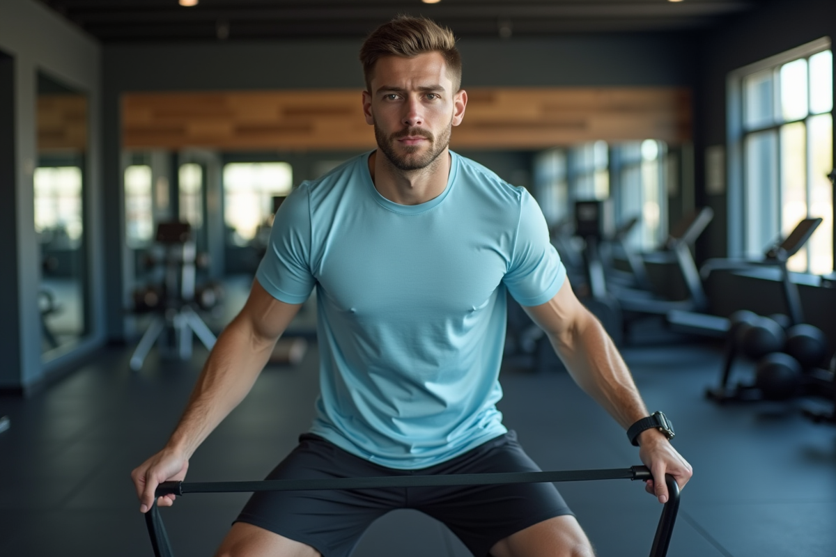 Jeune homme faisant des flexions latérales avec bande