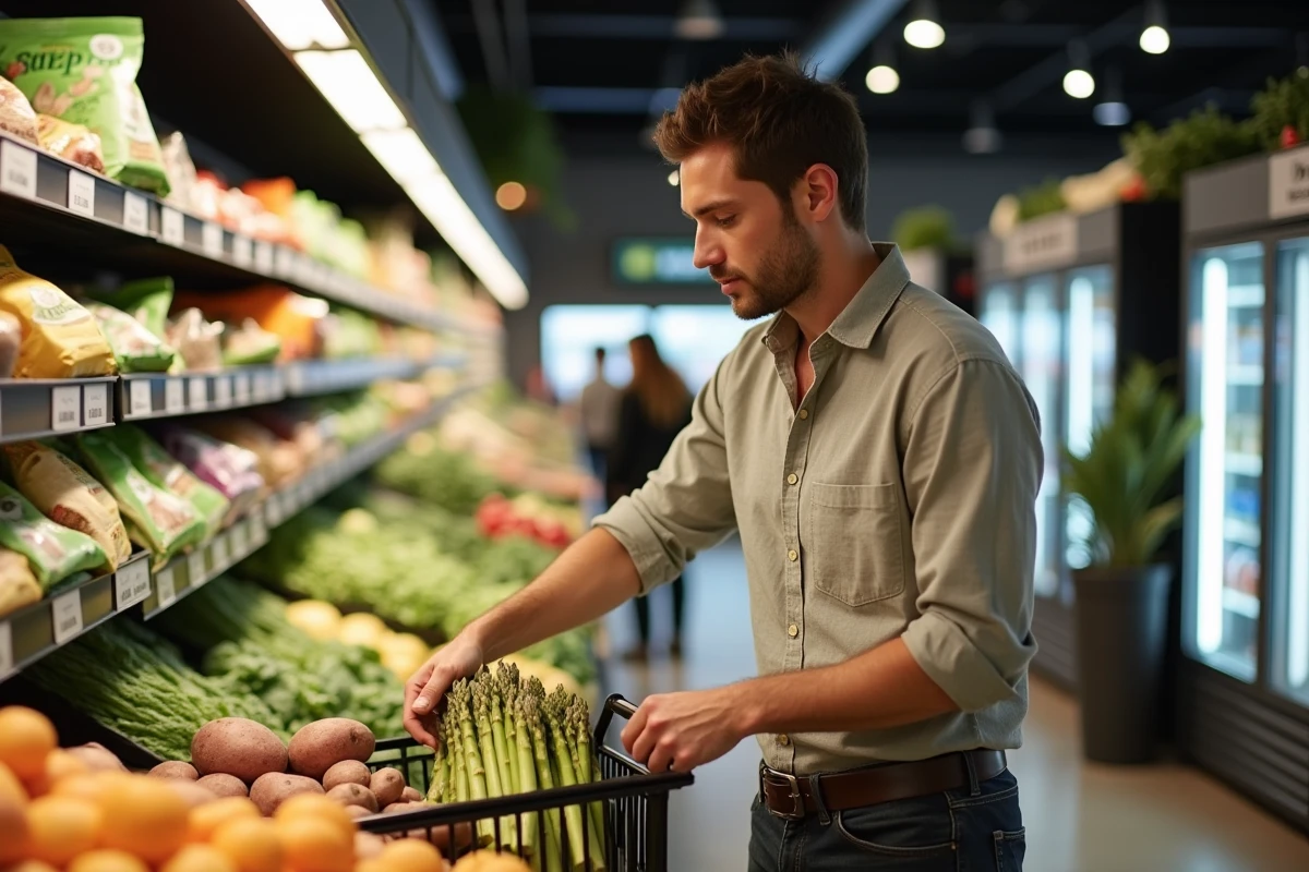 Homme choisissant des légumes et aliments minceur ventre plat en épicerie