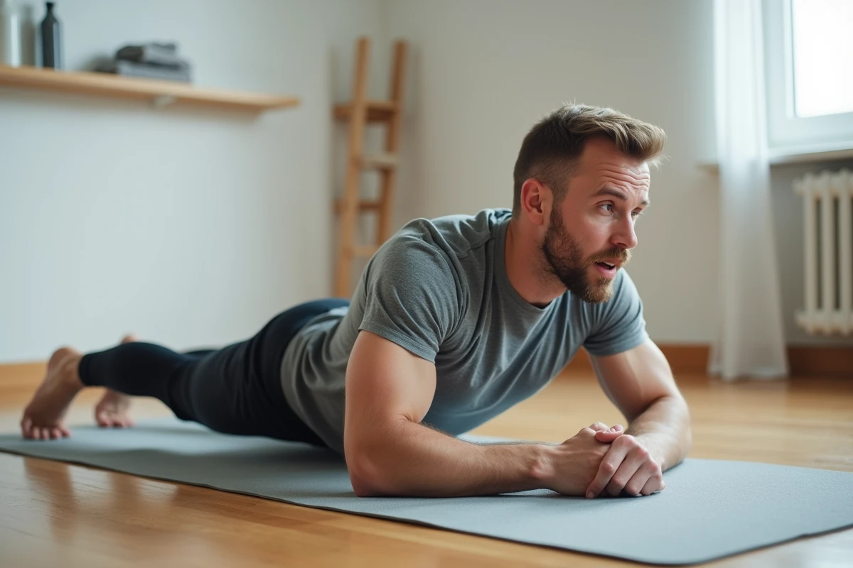 Homme réalisant des exercices abdominaux sur tapis de yoga à domicile pour éliminer la graisse du ventre
