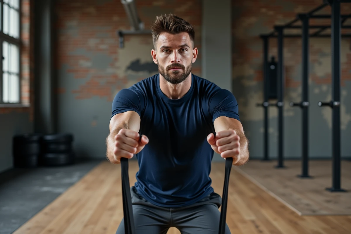 Homme réalisant un exercice de musculation du dos avec élastique de résistance dans une salle de sport minimaliste