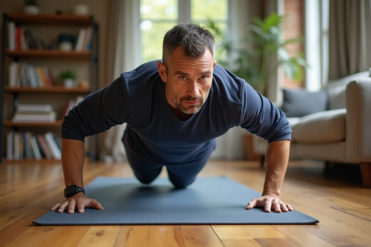 Homme faisant une planche abdominale sur un tapis de yoga dans son salon pour perdre du ventre