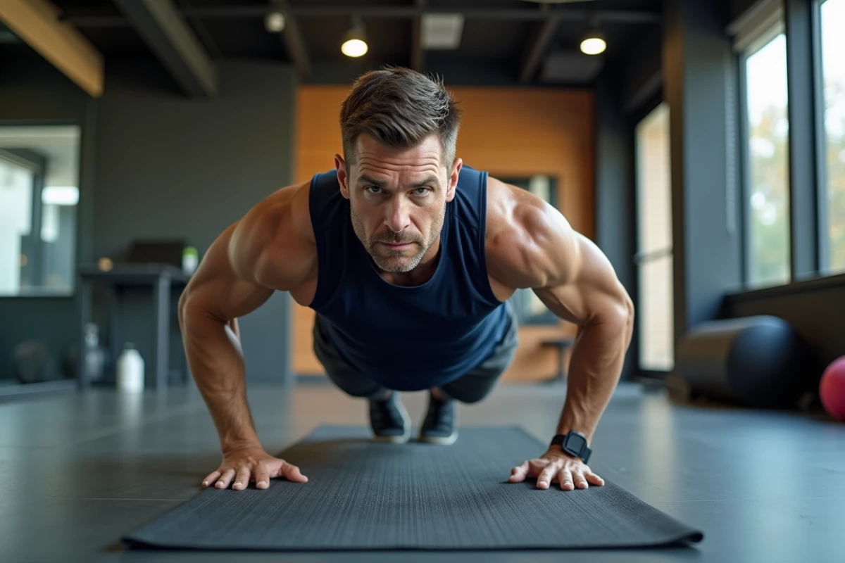 Homme en position de planche dans une salle de sport pour muscler ses abdominaux et réduire la graisse abdominale