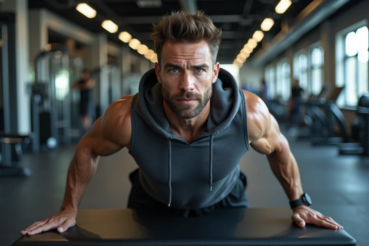 Homme effectuant un exercice de renforcement musculaire du dos sur un banc dans une salle de sport commerciale