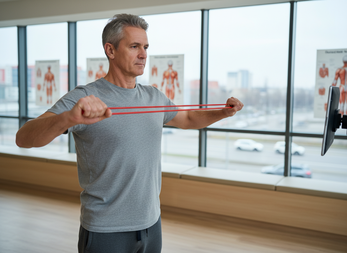 Homme en rééducation avec bande de résistance dans un centre médical