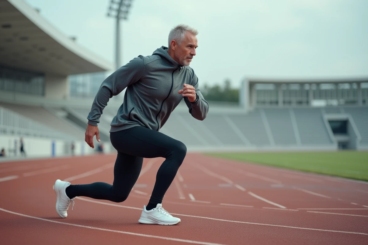 Homme effectuant des fentes excentriques sur piste d'athlétisme pour le renforcement préventif des genoux