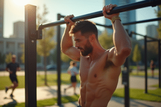 Homme musclé faisant un pull-up sur une barre extérieure