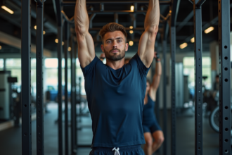 Homme musclé en train de faire un pull-up en salle de sport