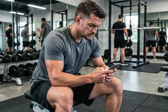 Jeune homme en salle de sport consultant le forum JVC Muscu sur son téléphone pour trouver la motivation