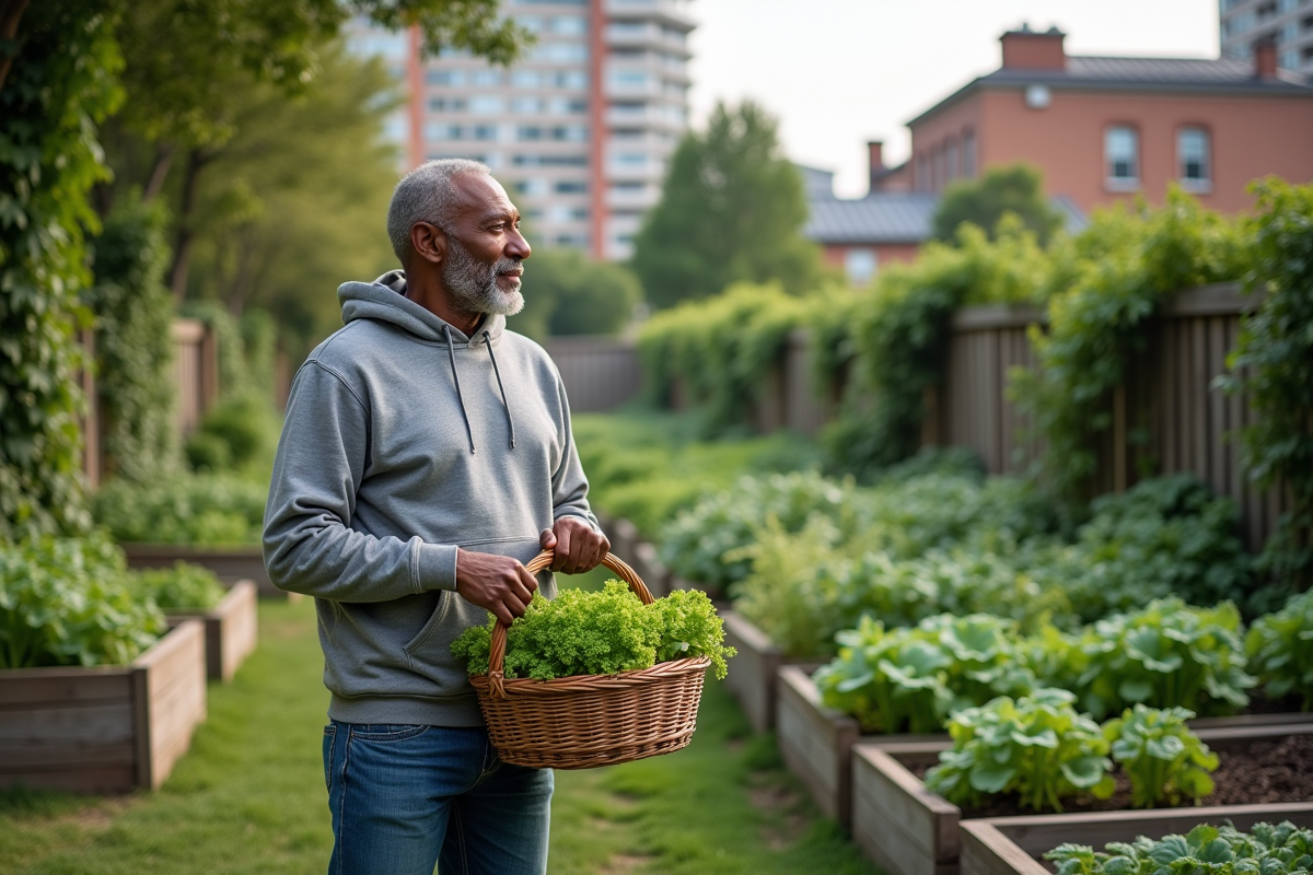 Homme afro-américain dans un jardin urbain avec des légumes