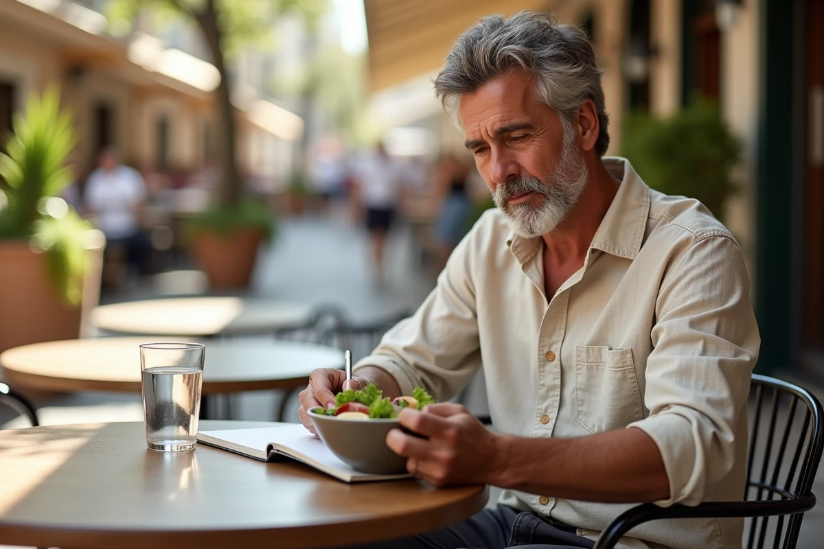 Homme consultant un journal alimentaire en terrasse avec un repas équilibré pour suivre sa perte de poids abdominale