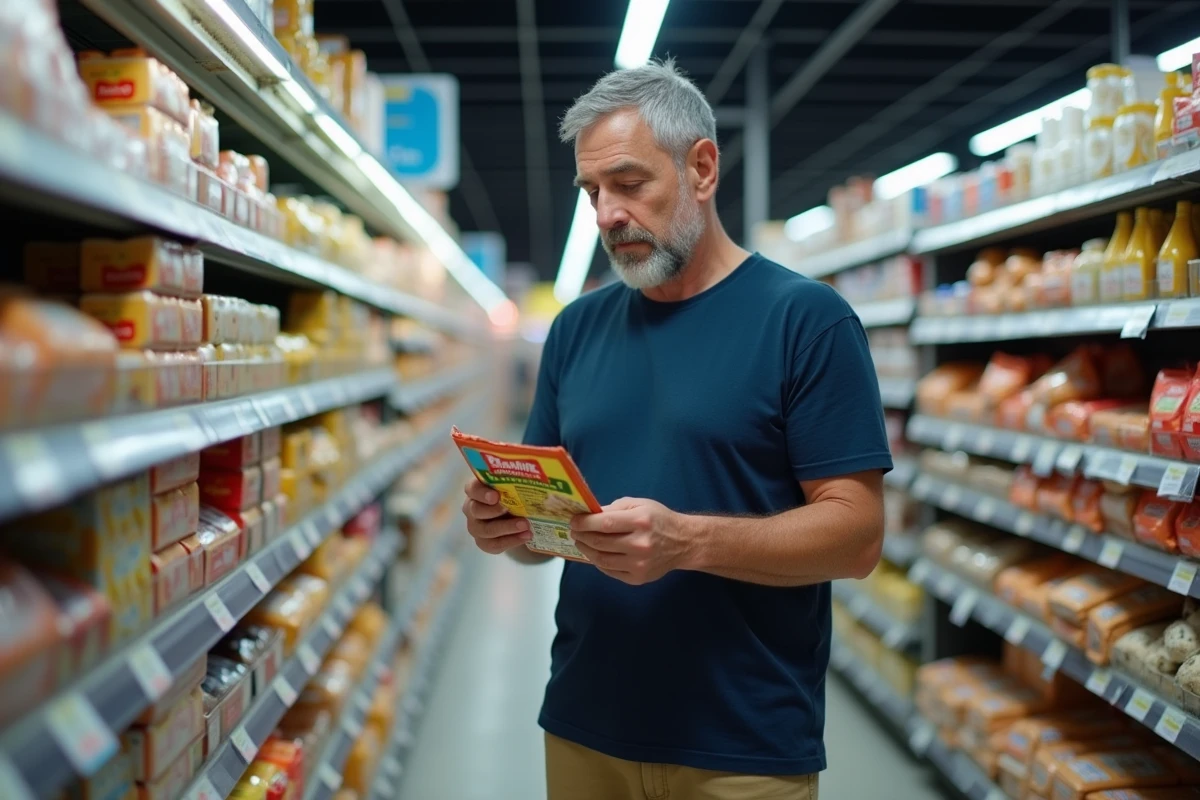 Homme lisant l'étiquette nutritionnelle d'un aliment transformé au supermarché