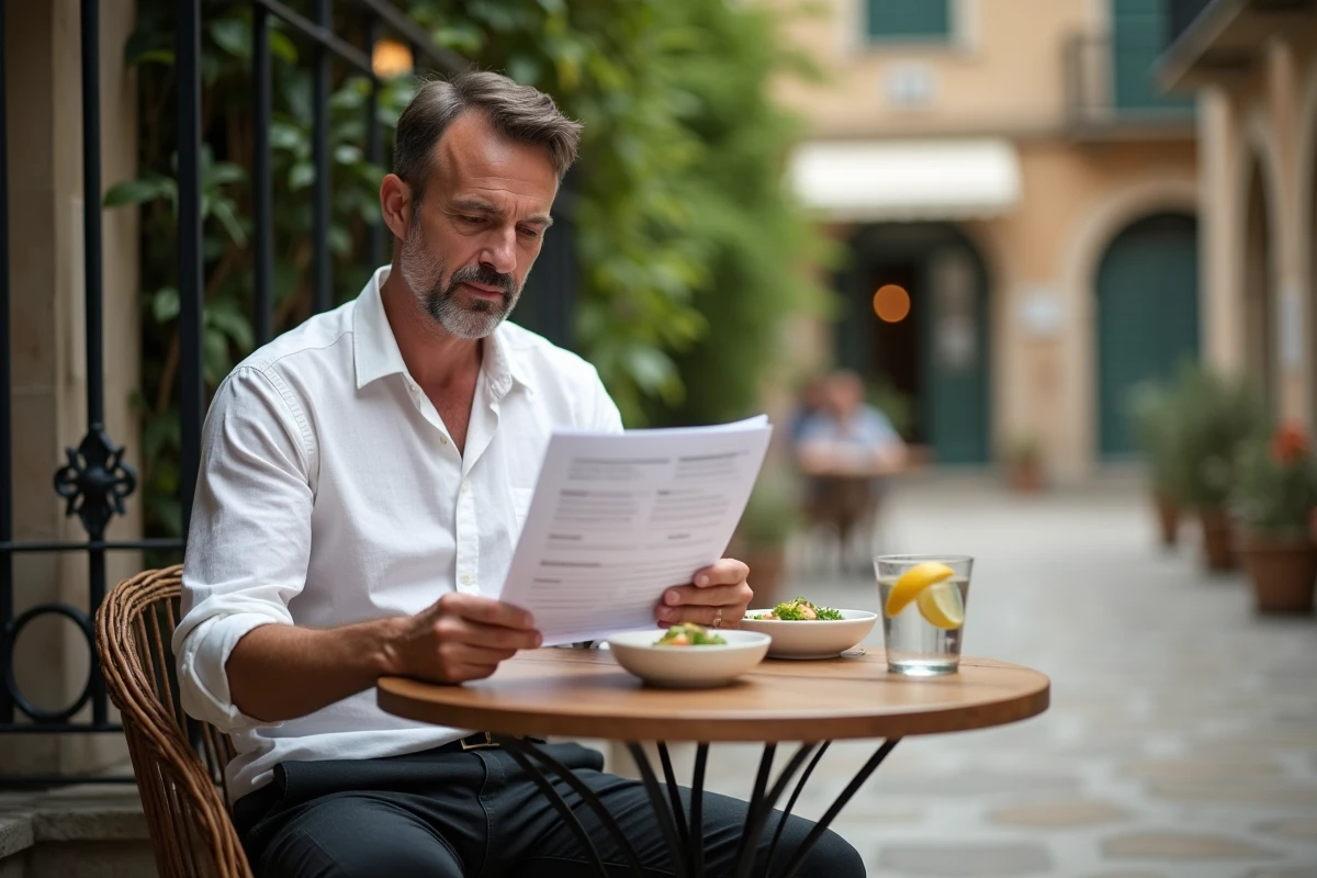 Homme consultant un menu de régime pour perdre du ventre en terrasse de café