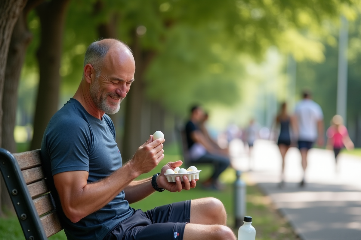 Homme après course écalant un œuf au parc
