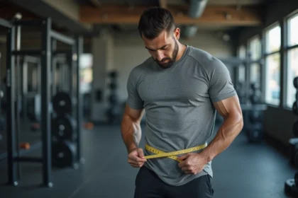 Homme mesurant son tour de taille avec un mètre ruban dans une salle de sport moderne