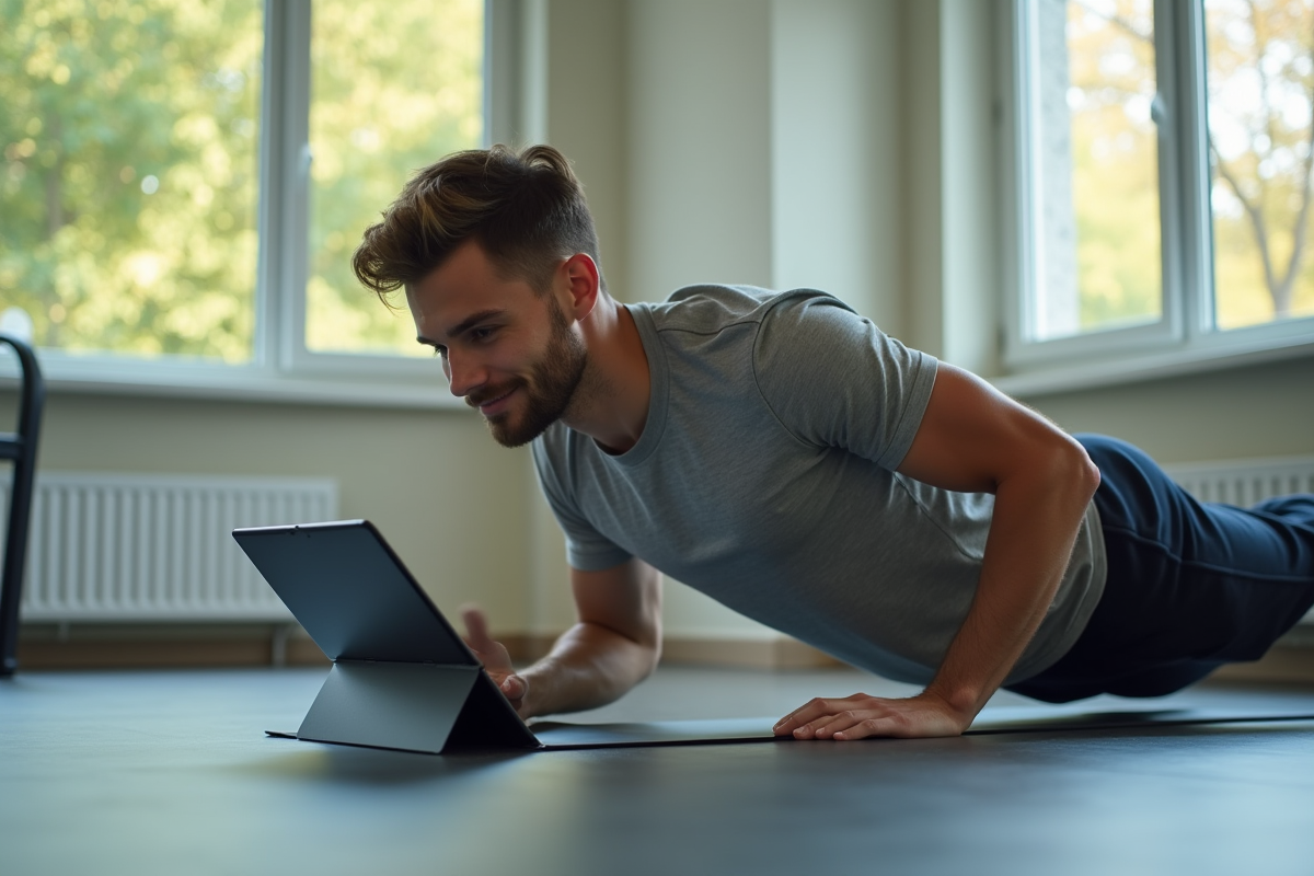 Homme faisant un side plank avec une tablette dans une salle de sport moderne