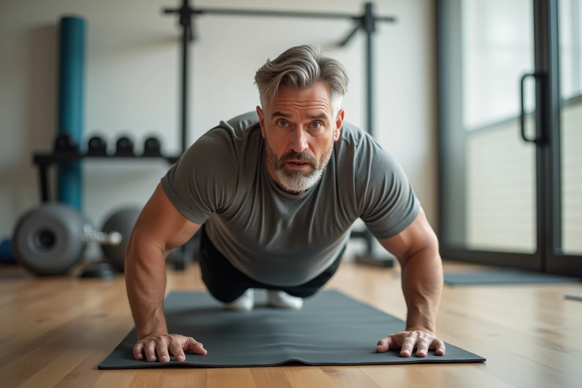 Homme réalisant un exercice de planche abdominale sur tapis de yoga dans une salle de sport à domicile
