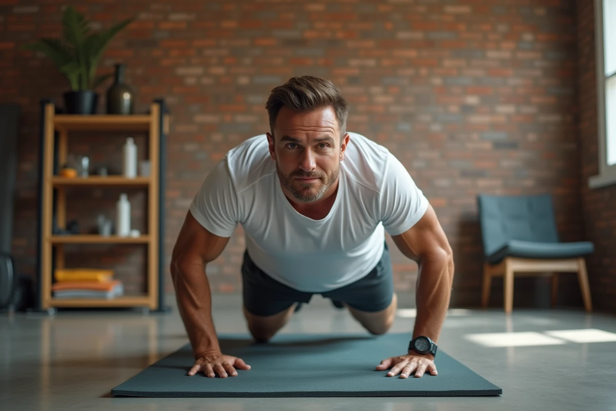 Homme en position de planche sur un tapis de sport dans une salle de sport à domicile pour renforcer les abdominaux
