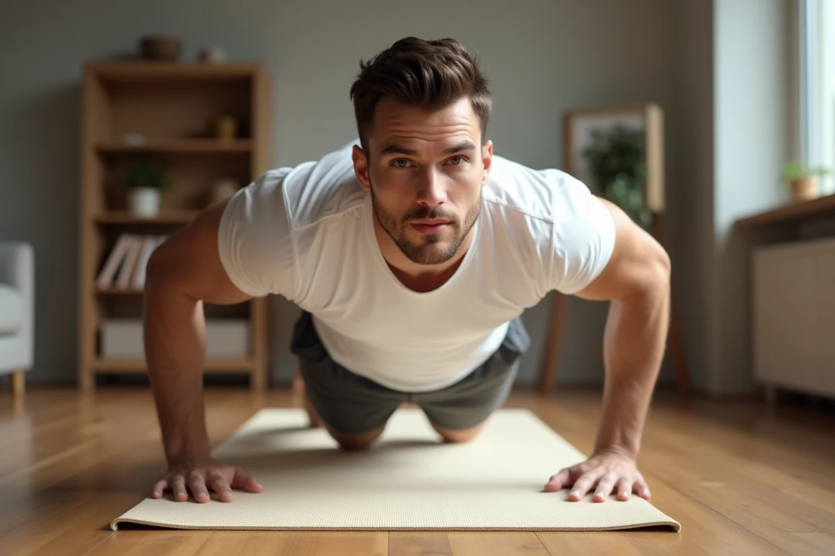 Homme en position de pompes sur un tapis de yoga dans un appartement, exercice de musculation sans équipement