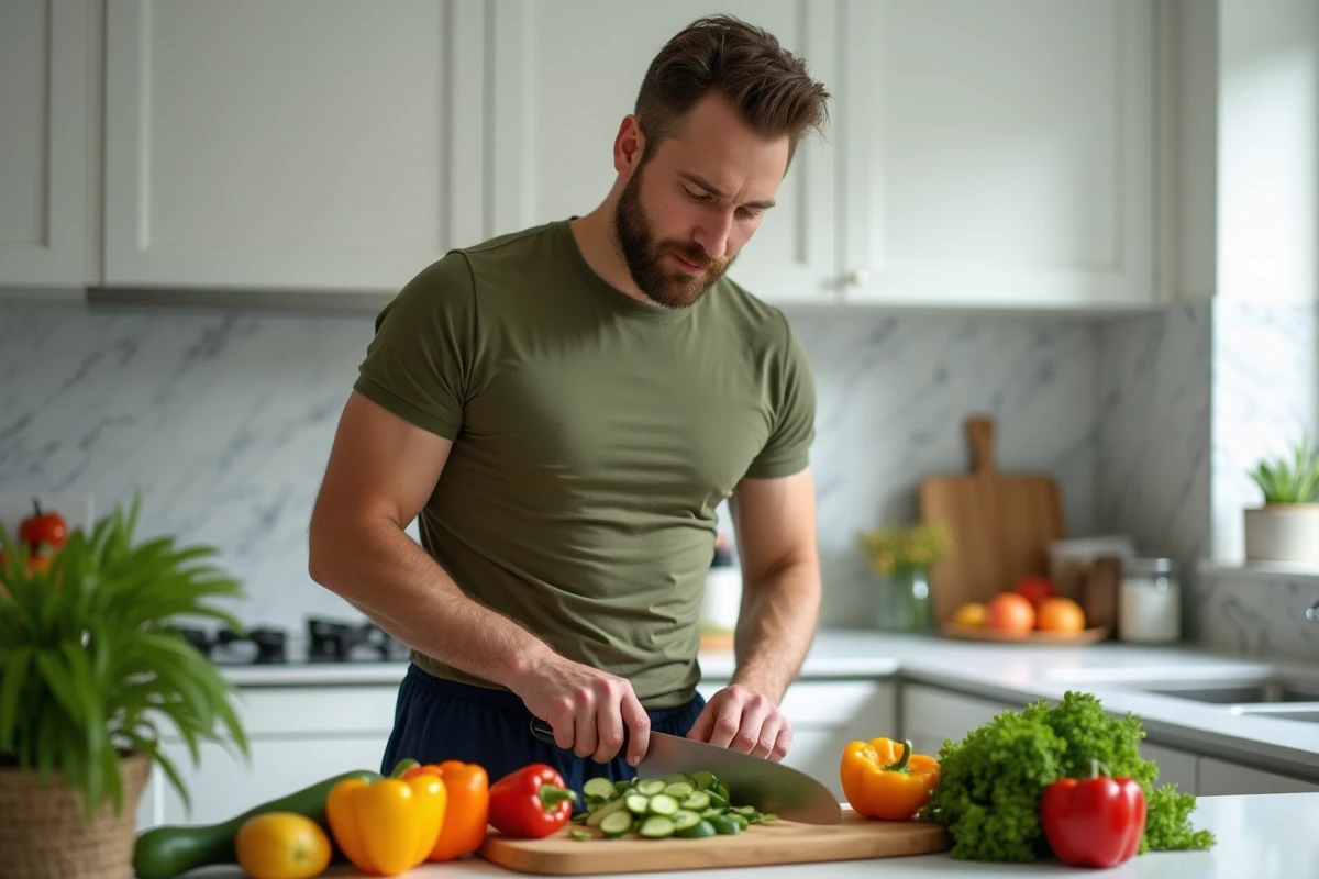Homme préparant un repas sain avec des légumes frais pour réduire la graisse abdominale