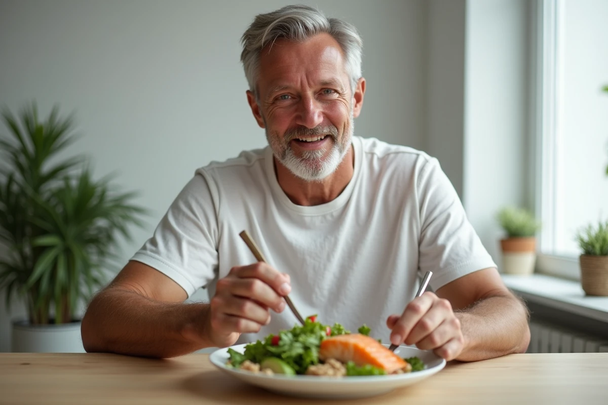 Homme adulte mangeant un repas équilibré assis à table, représentant une alimentation saine pour réduire la graisse abdominale