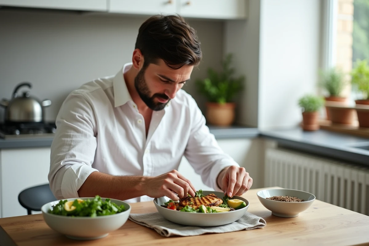 Homme préparant un repas sain équilibré pour perdre du ventre avec poulet grillé et légumes