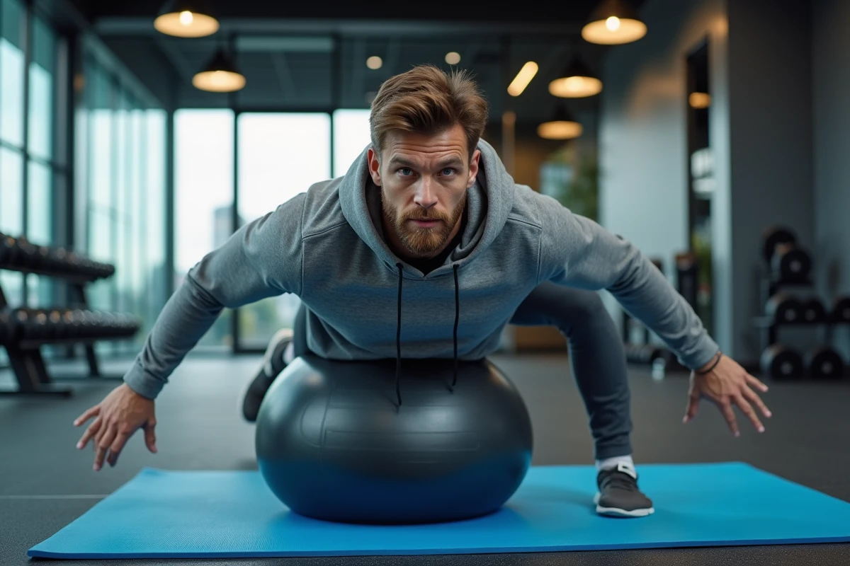 Homme effectuant un rollout sur ballon de stabilité pour muscler le bas du ventre dans une salle de fitness d'entreprise