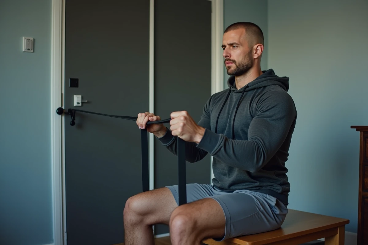 Homme effectuant un rowing avec un élastique accroché à une porte dans une chambre aménagée en salle de sport