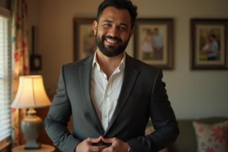 Portrait d'un homme samoan-américain souriant en costume dans un salon chaleureux