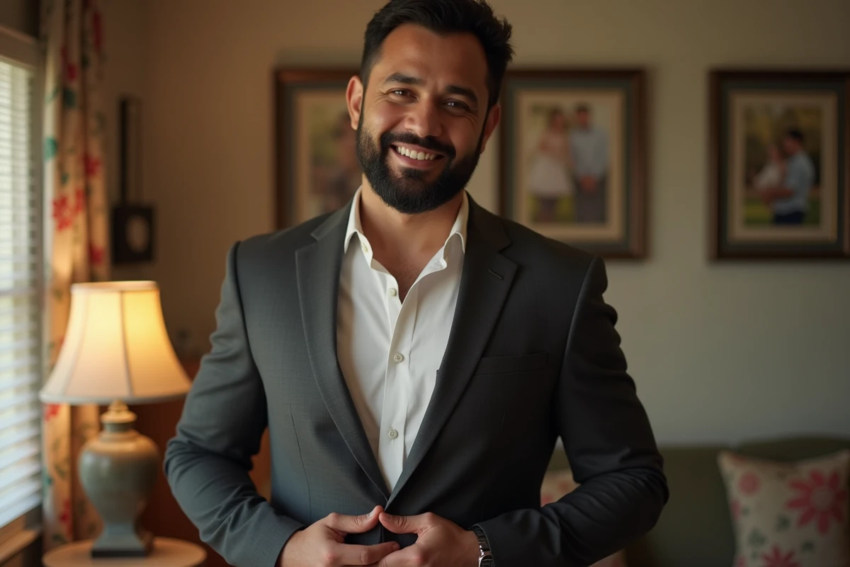 Portrait d'un homme samoan-américain souriant en costume dans un salon chaleureux