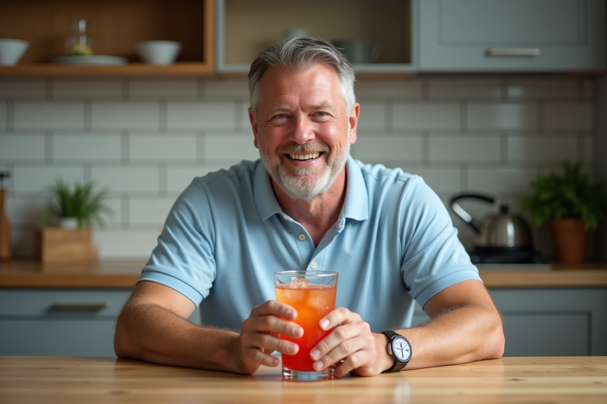 Homme d age moyen dégustant Zero Powerade dans sa cuisine
