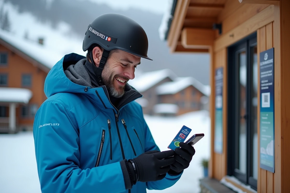 Homme souriant en ski examinant son smartphone à Les Menuires