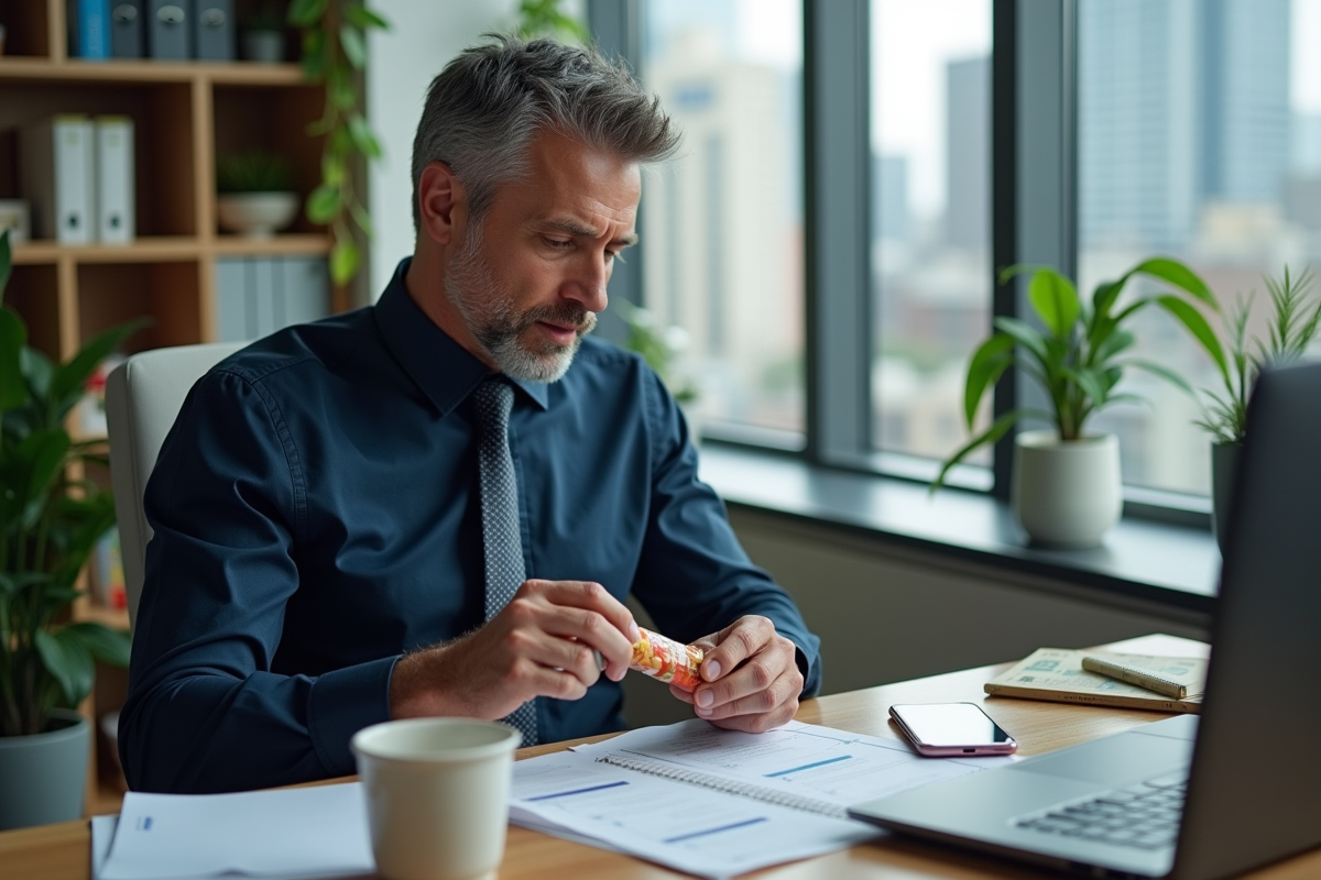 Homme déballant une barre protéinée au bureau